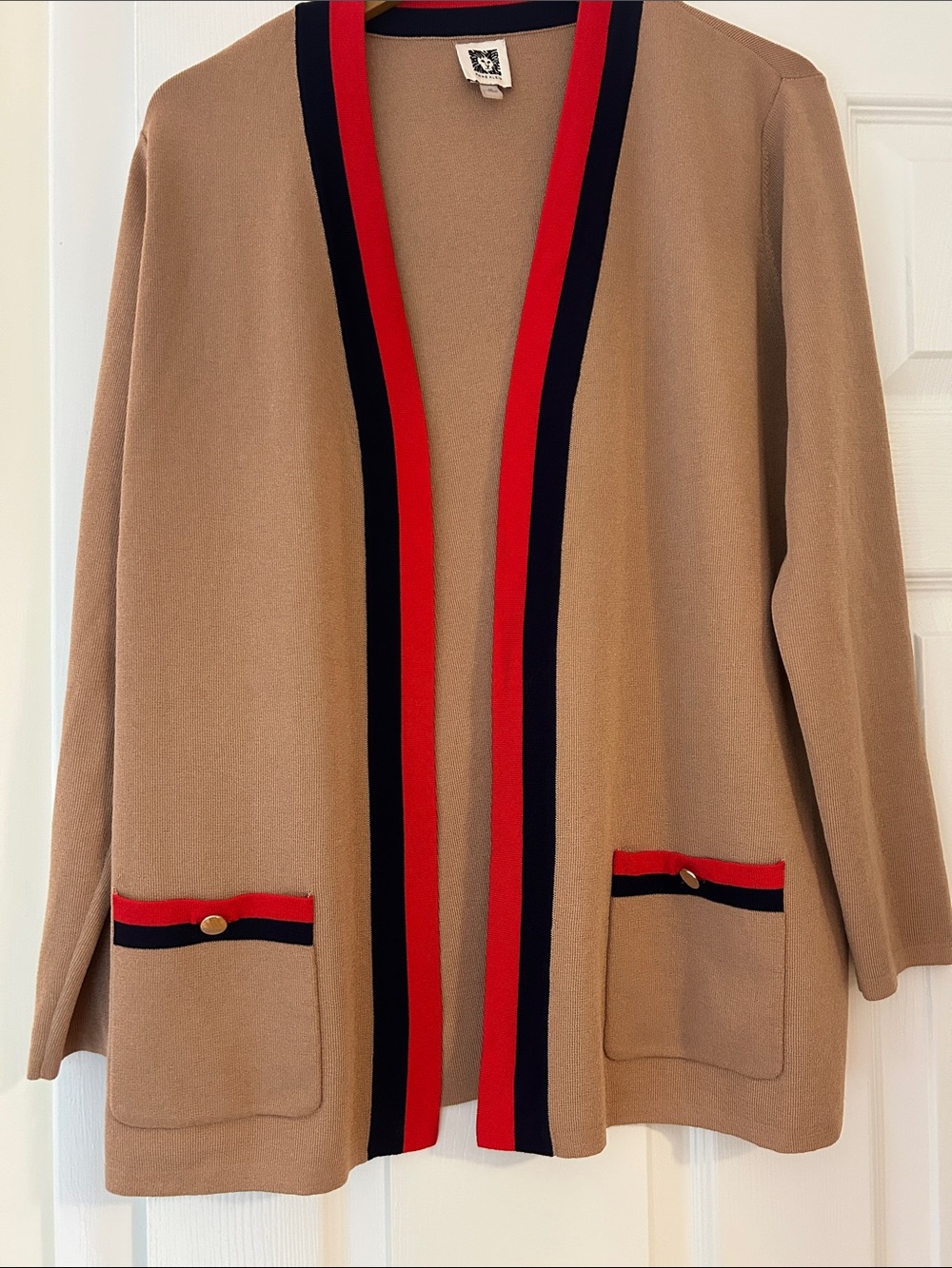 Anne Klein Camel Open-Front Cardigan with Red & Navy Trim